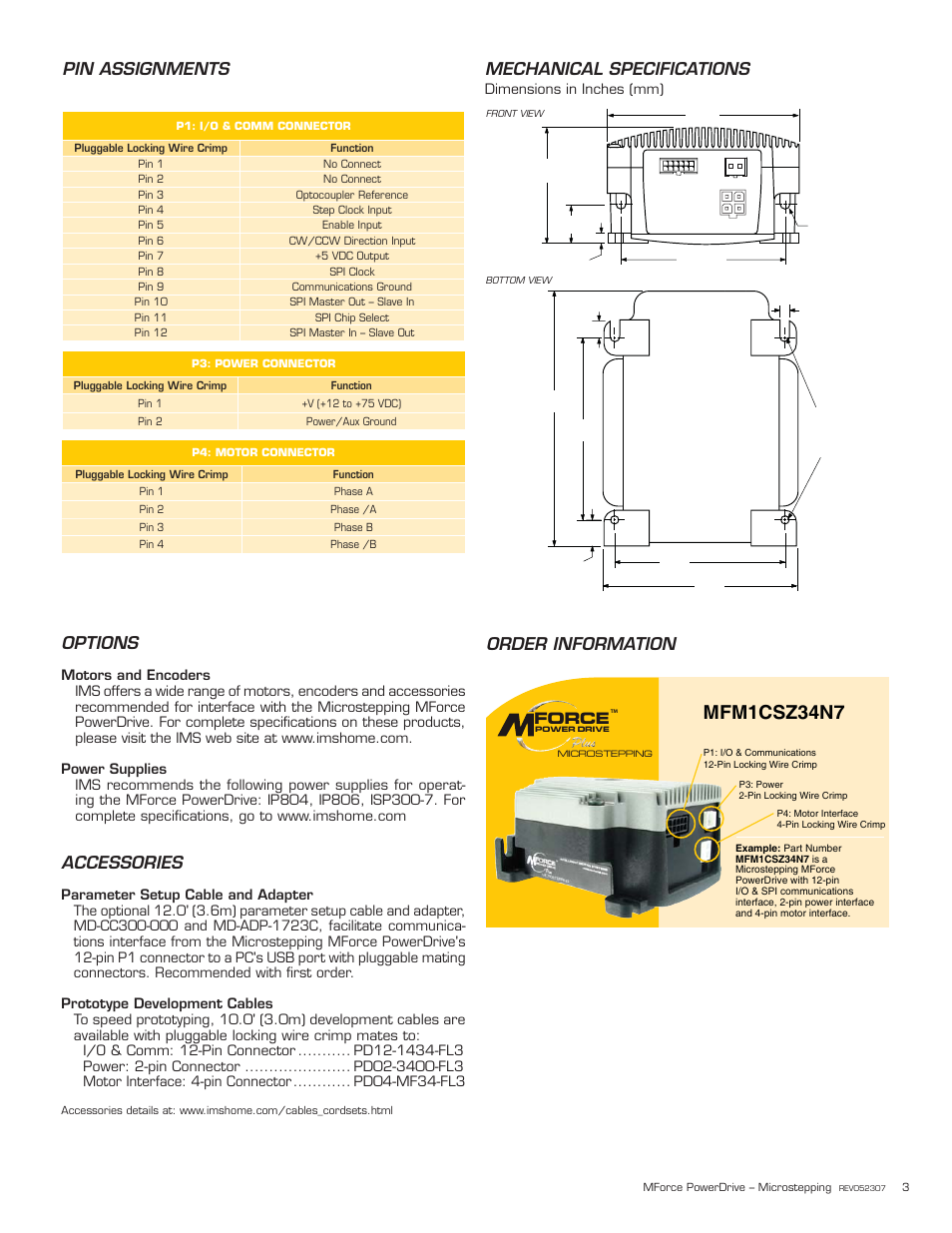 Mfm1csz34n7, Pin assignments order information options, Accessories | Mechanical specifications, Dimensions in inches (mm), Force | Intelligent Motion Systems Excellence in Motion User Manual | Page 3 / 4