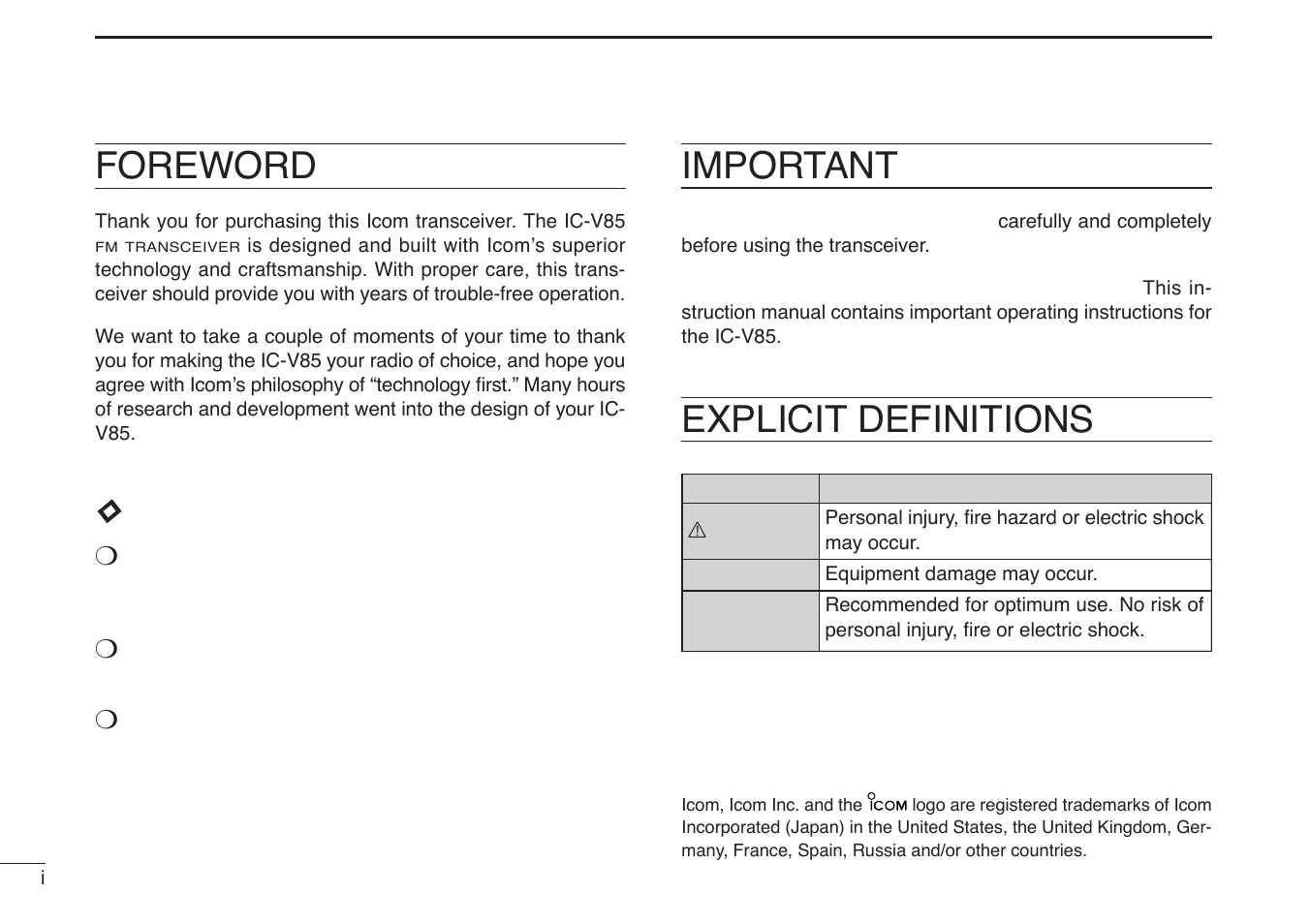 Foreword, Important, Explicit definitions | Dfeatures | Icom IC-V85-T User Manual | Page 2 / 80