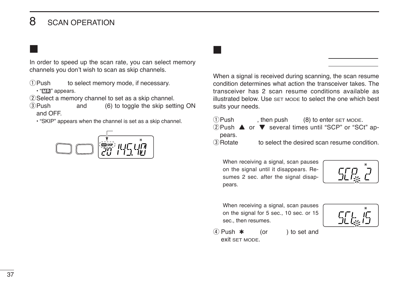 Skip channels, Scan resume condition | Icom IC-V85-T User Manual | Page 50 / 80