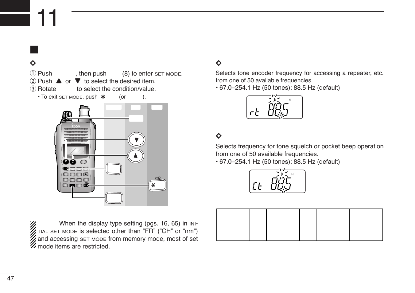Set modes, Set mode, Dentering set mode | Drepeater tone frequency, Dtone squelch frequency | Icom IC-V85-T User Manual | Page 60 / 80