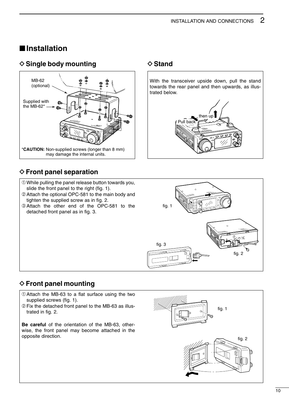 Installation, D single body mounting d stand, D front panel separation d front panel mounting | Icom I706MKTMG User Manual | Page 13 / 75
