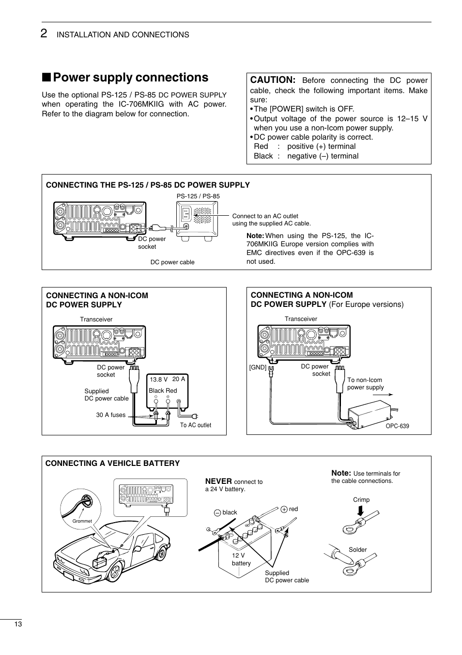 Power supply connections, Caution | Icom I706MKTMG User Manual | Page 16 / 75
