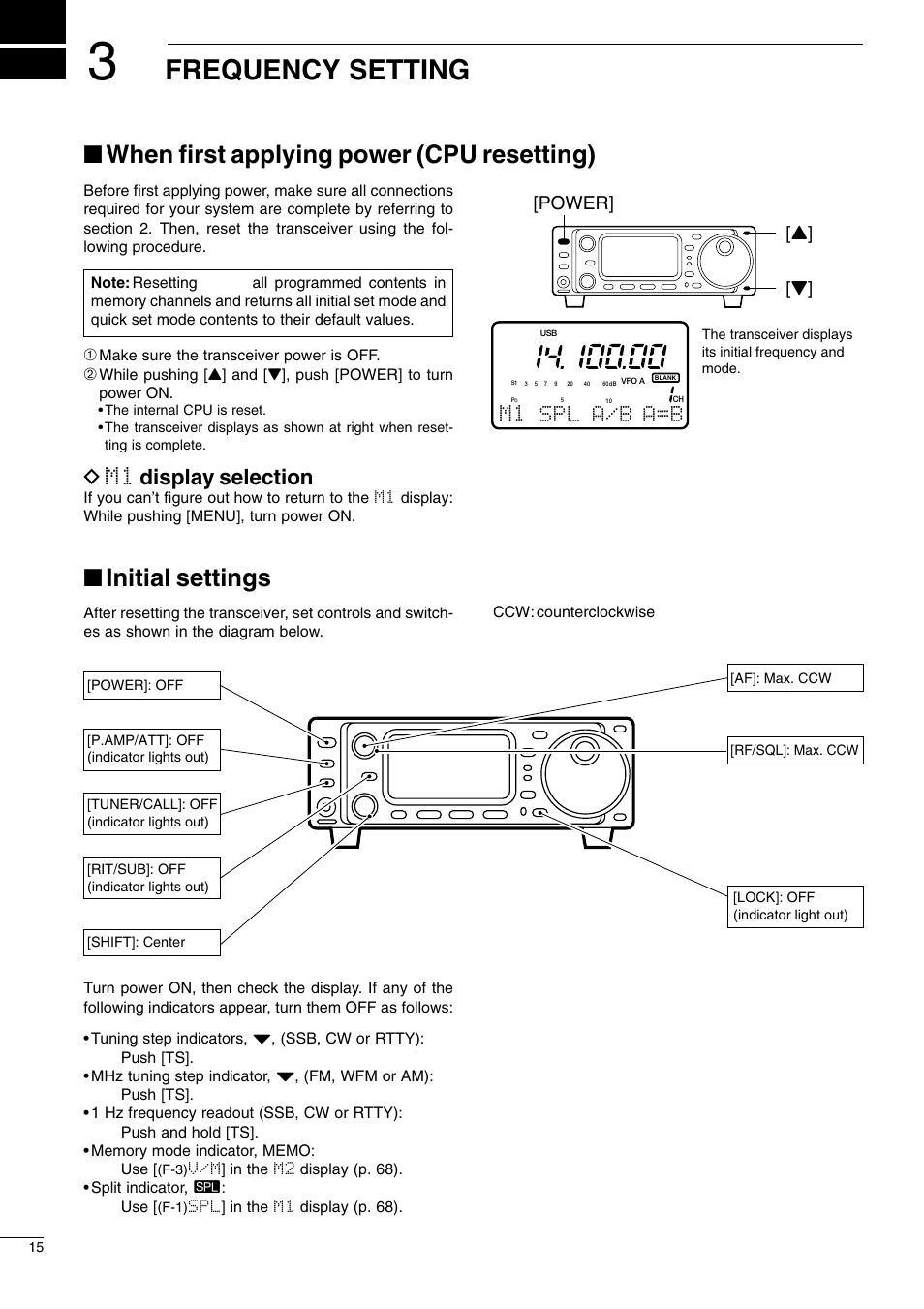 Frequency setting, When first applying power (cpu resetting), Initial settings | D m1 display selection, M1 spl a/b a=b, Power] [y] [z | Icom I706MKTMG User Manual | Page 18 / 75