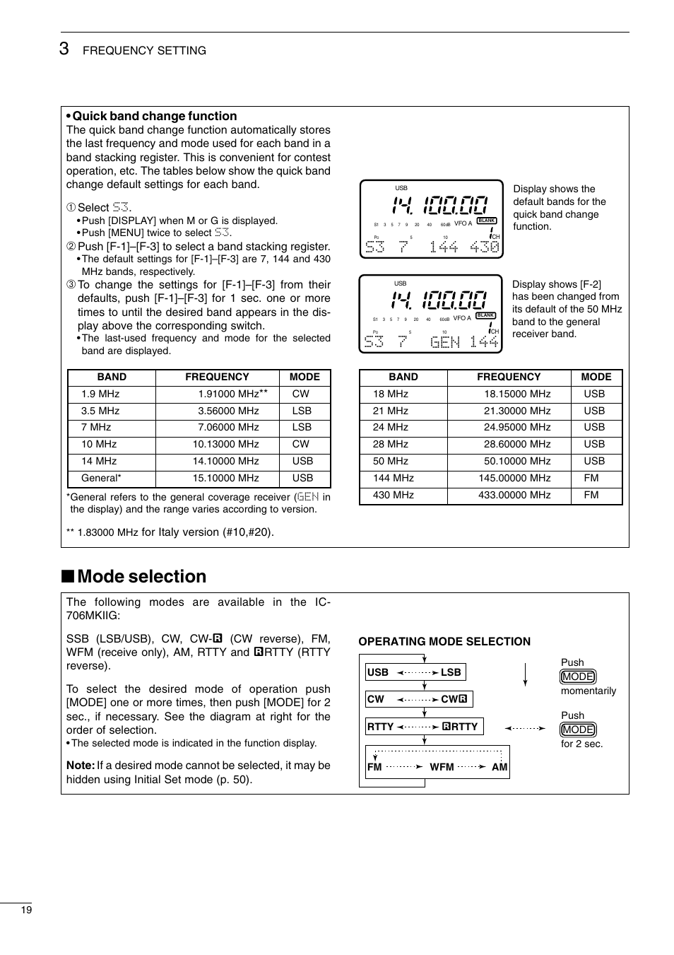 Mode selection, Quick band change function | Icom I706MKTMG User Manual | Page 22 / 75