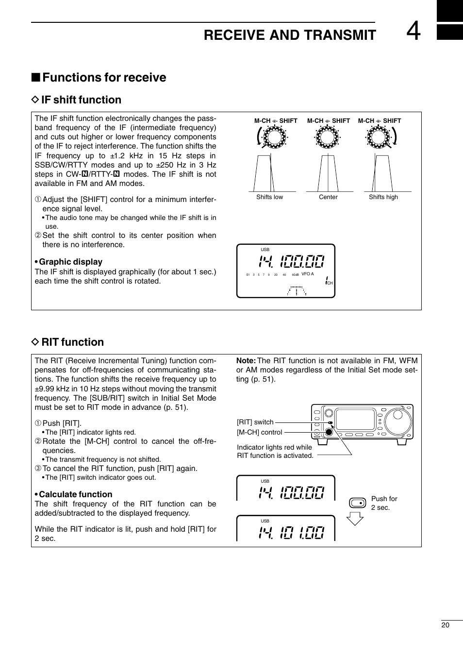 Receive and transmit, Functions for receive, D rit function | D if shift function | Icom I706MKTMG User Manual | Page 23 / 75