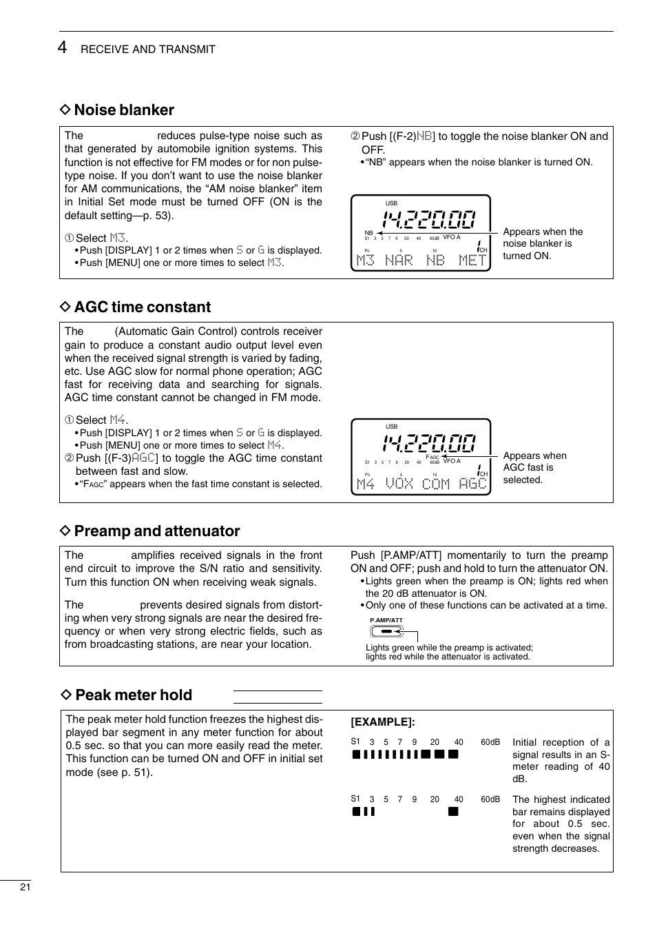 D noise blanker, D agc time constant, D preamp and attenuator | D peak meter hold, M3 nar nb met, M4 vox com agc, Receive and transmit, Select m3, Select m4, Example | Icom I706MKTMG User Manual | Page 24 / 75