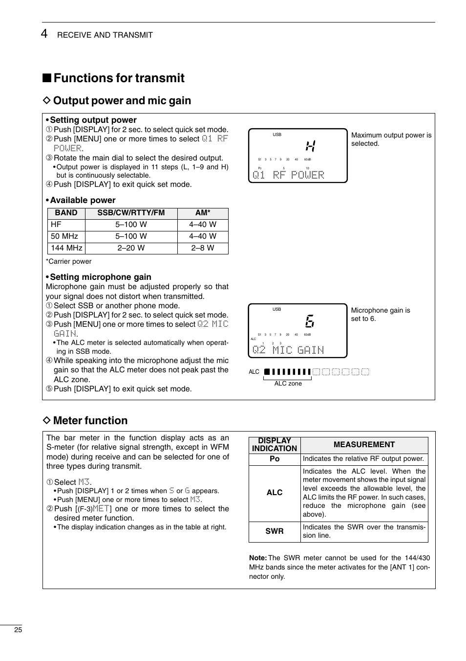 Functions for transmit, D meter function, D output power and mic gain | Q1 rf power, Q2 mic gain, Setting output power, Available power, Setting microphone gain | Icom I706MKTMG User Manual | Page 28 / 75