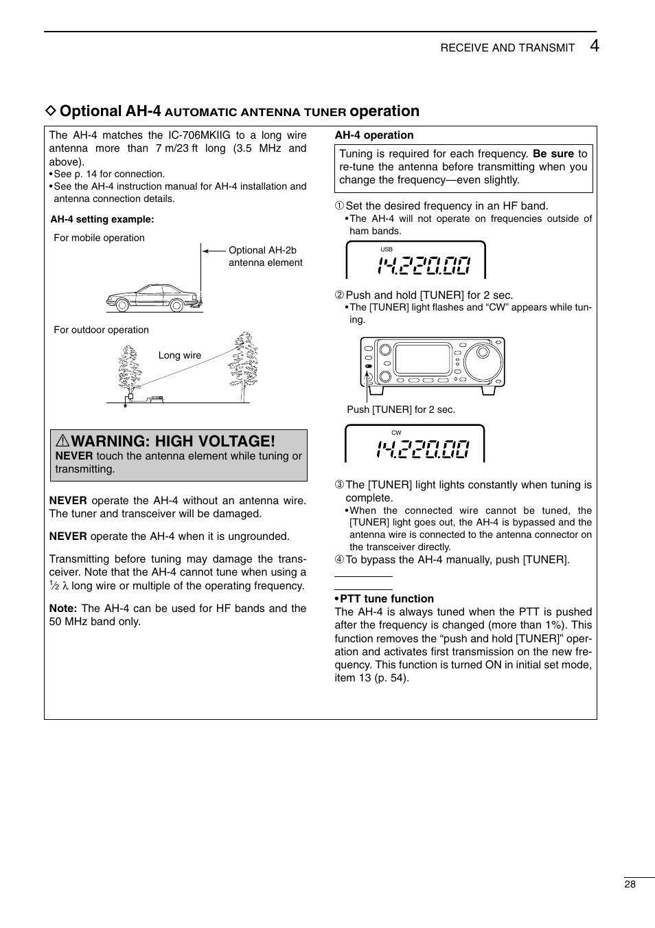 D optional ah-4, Operation, R warning: high voltage | Icom I706MKTMG User Manual | Page 31 / 75