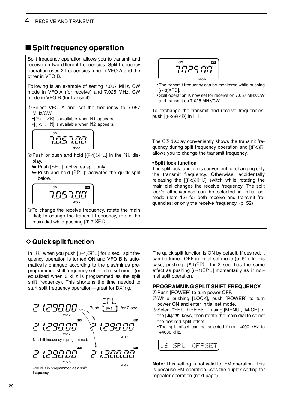 Split frequency operation, D quick split function, 16 spl offset | Icom I706MKTMG User Manual | Page 32 / 75