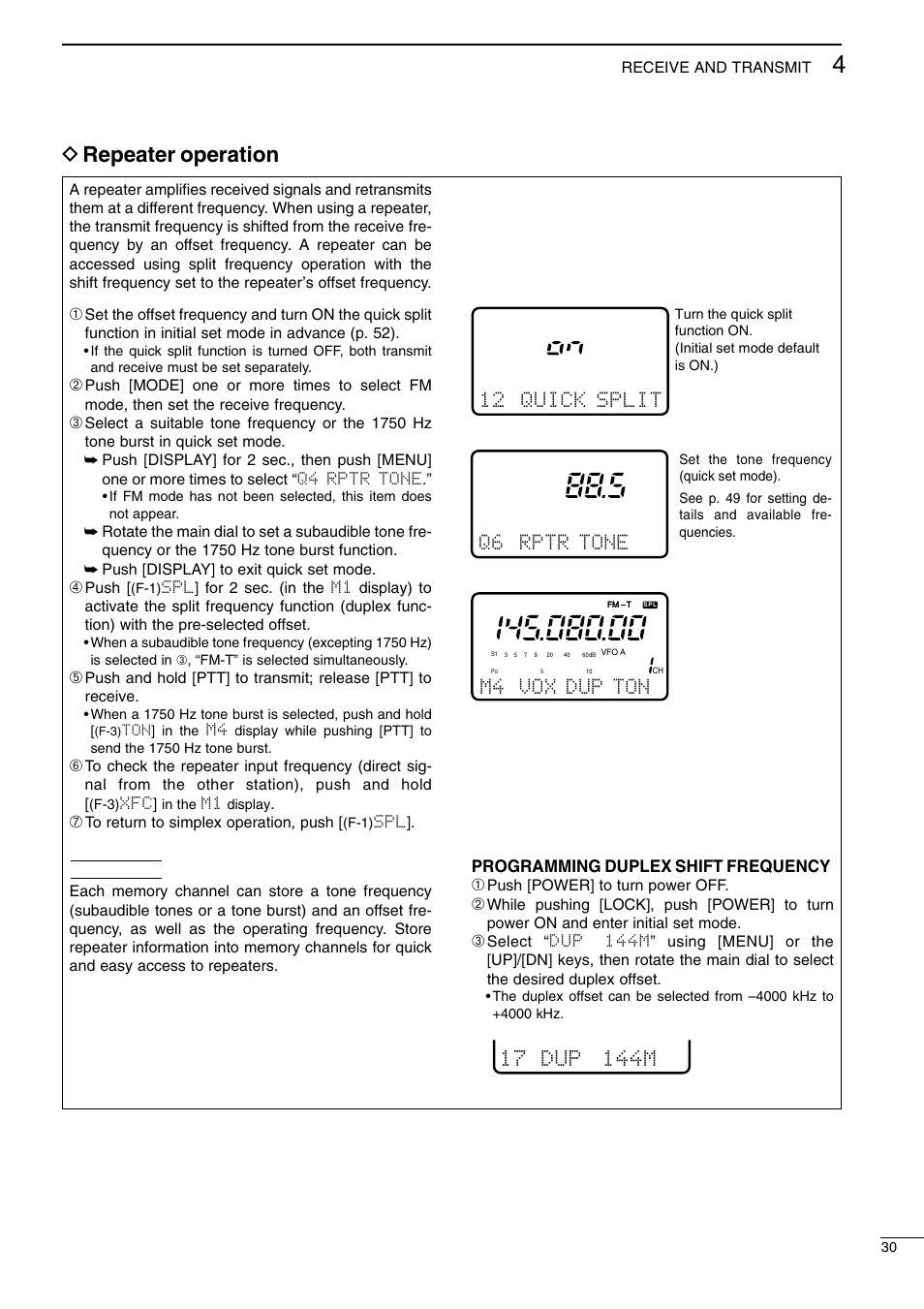 D repeater operation, 12 quick split, Q6 rptr tone | M4 vox dup ton | Icom I706MKTMG User Manual | Page 33 / 75