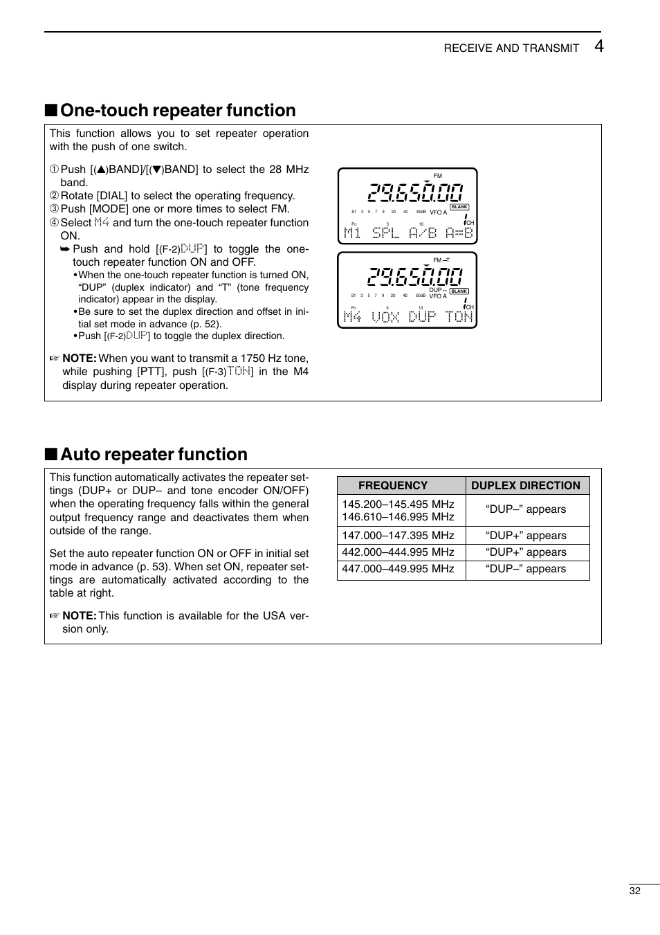 One-touch repeater function, Auto repeater function, M1 spl a/b a=b | M4 vox dup ton, Push, Band, Band] to select the 28 mhz band, Rotate [dial] to select the operating frequency, Push [mode] one or more times to select fm, Ton] in the m4 display during repeater operation | Icom I706MKTMG User Manual | Page 35 / 75