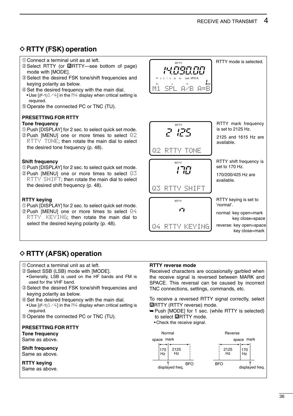 D rtty (fsk) operation, D rtty (afsk) operation, M1 spl a/b a=b | Q2 rtty tone, Q3 rtty shift, Q4 rtty keying | Icom I706MKTMG User Manual | Page 39 / 75