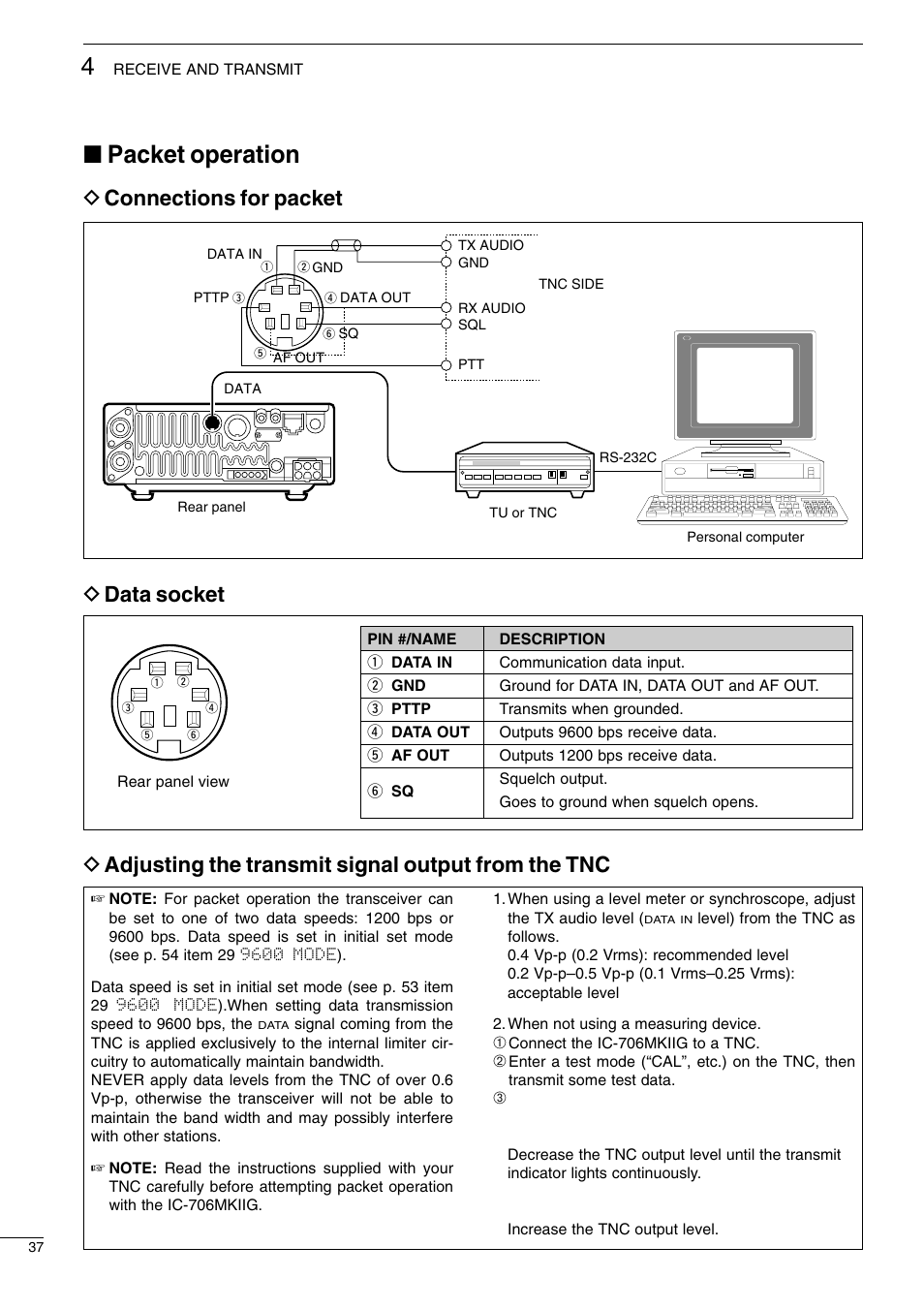 Packet operation, D connections for packet, D data socket | Icom I706MKTMG User Manual | Page 40 / 75