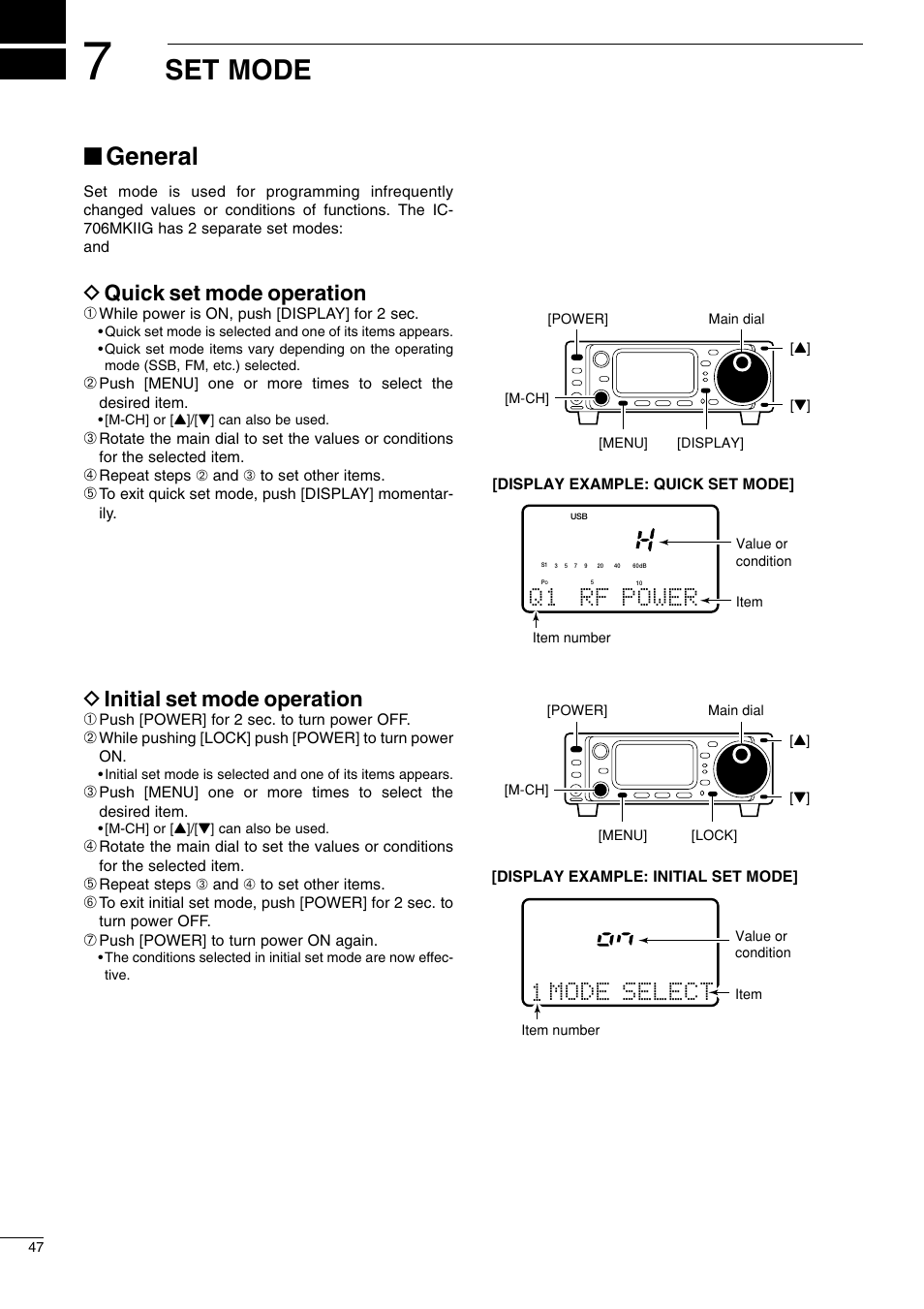 Set mode, General, D quick set mode operation | D initial set mode operation, 1 mode select, Q1 rf power | Icom I706MKTMG User Manual | Page 50 / 75