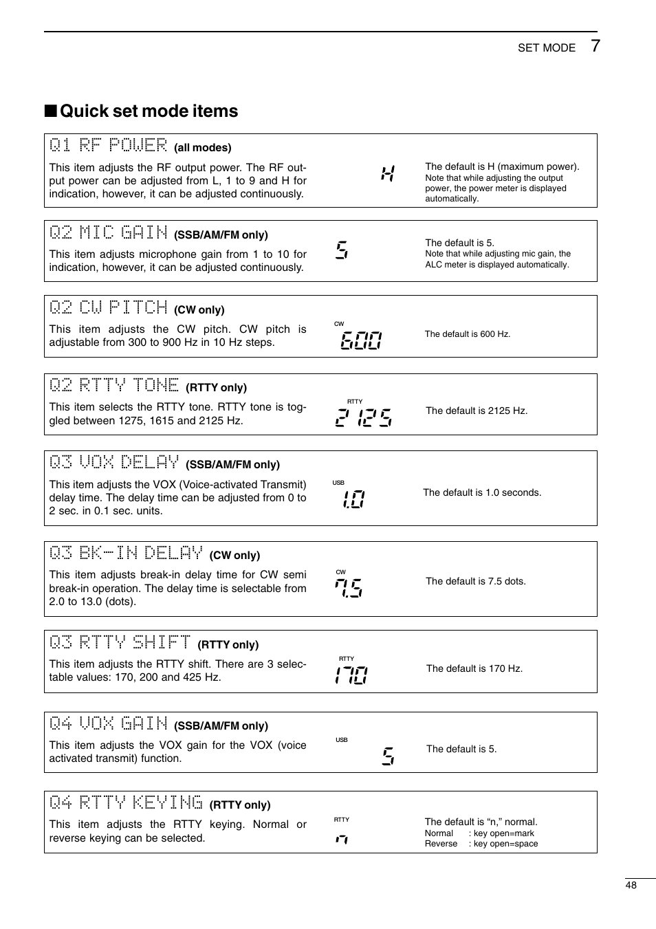 Quick set mode items, Q4 rtty keying, Q1 rf power | Q2 mic gain, Q2 cw pitch, Q2 rtty tone, Q3 vox delay, Q3 bk-in delay, Q3 rtty shift, Q4 vox gain | Icom I706MKTMG User Manual | Page 51 / 75