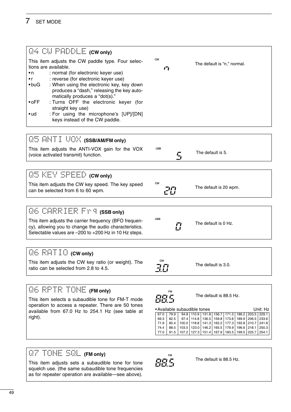 Q6 carrier frq, Q6 rptr tone, Q4 cw paddle | Q5 key speed, Q6 ratio, Q7 tone sql, Q5 anti vox | Icom I706MKTMG User Manual | Page 52 / 75