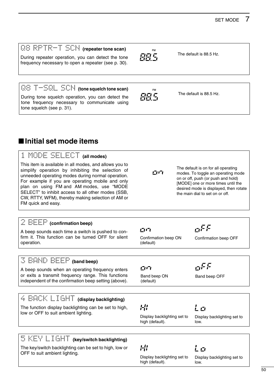 Initial set mode items, 4 back light, 5 key light | 2 beep, 3 band beep, 1 mode select, Q8 rptr-t scn, Q8 t-sql scn | Icom I706MKTMG User Manual | Page 53 / 75