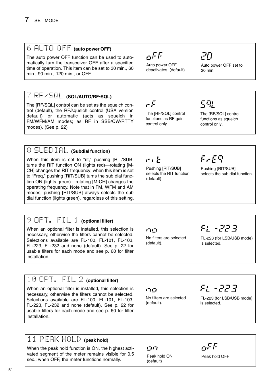 11 peak hold, 6 auto off, 7 rf/sql | 8 subdial, 9 opt. fil 1, 10 opt. fil 2 | Icom I706MKTMG User Manual | Page 54 / 75