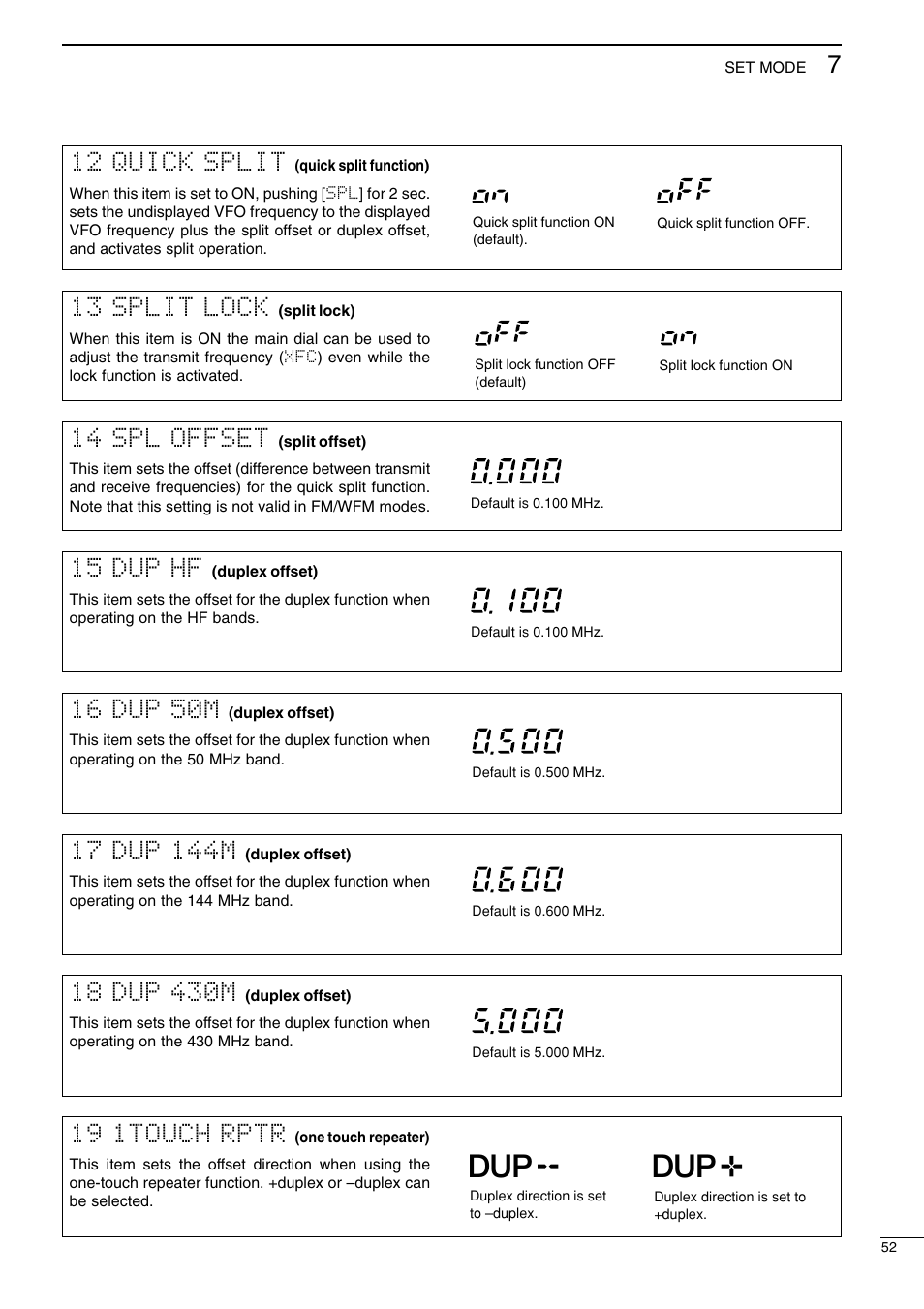 15 dup hf, 16 dup 50m, 19 1touch rptr | 14 spl offset, 13 split lock, 12 quick split | Icom I706MKTMG User Manual | Page 55 / 75