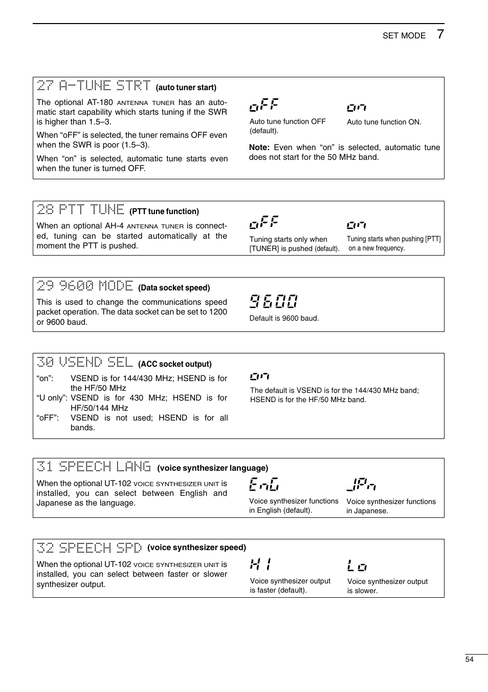 30 vsend sel, 31 speech lang, 32 speech spd | 28 ptt tune, 27 a-tune strt | Icom I706MKTMG User Manual | Page 57 / 75