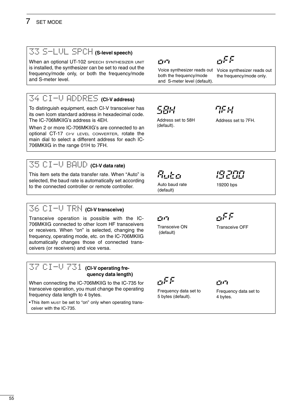 33 s-lvl spch, 36 ci-v trn, 34 ci-v addres | 35 ci-v baud | Icom I706MKTMG User Manual | Page 58 / 75