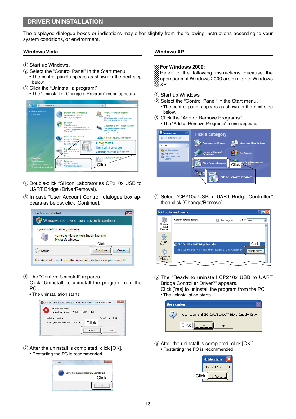 Driver uninstallation, Windows vista, Windows xp | Icom IC-7200 User Manual | Page 13 / 19