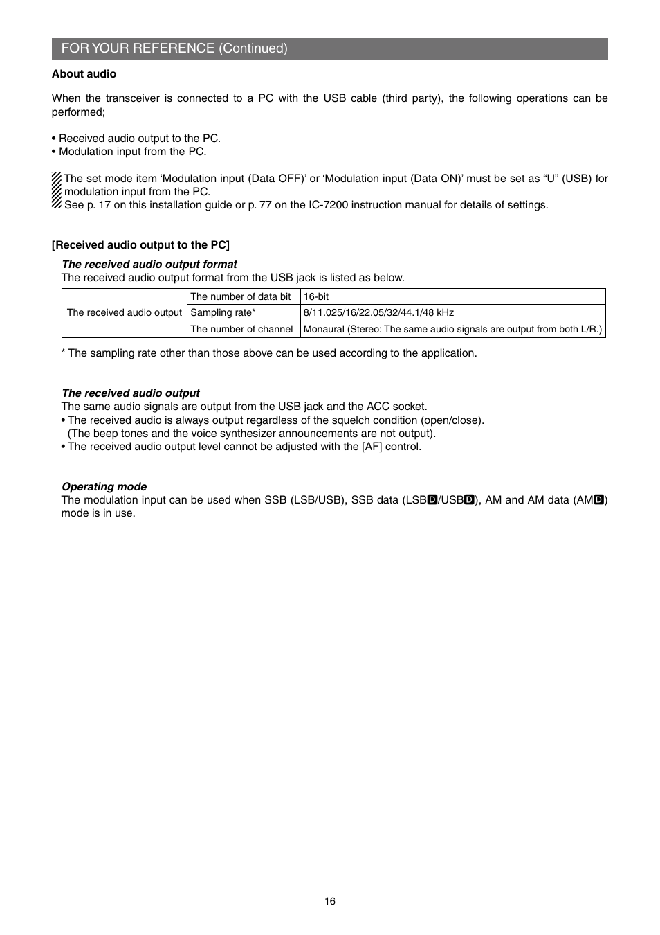 About audio, For your reference (continued) | Icom IC-7200 User Manual | Page 16 / 19