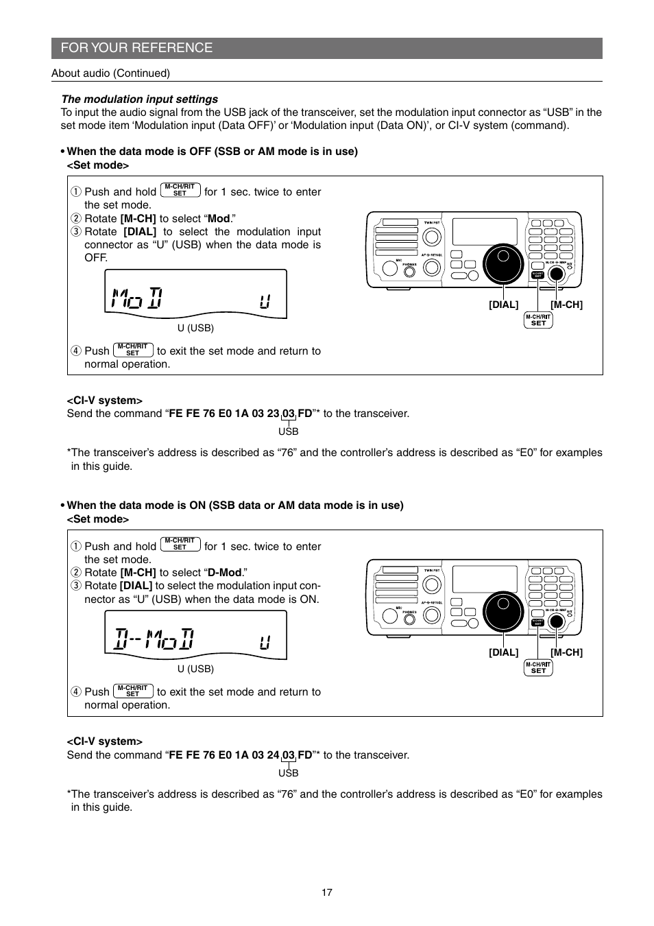 For your reference, Rpush, U (usb) | Dial, M-ch | Icom IC-7200 User Manual | Page 17 / 19