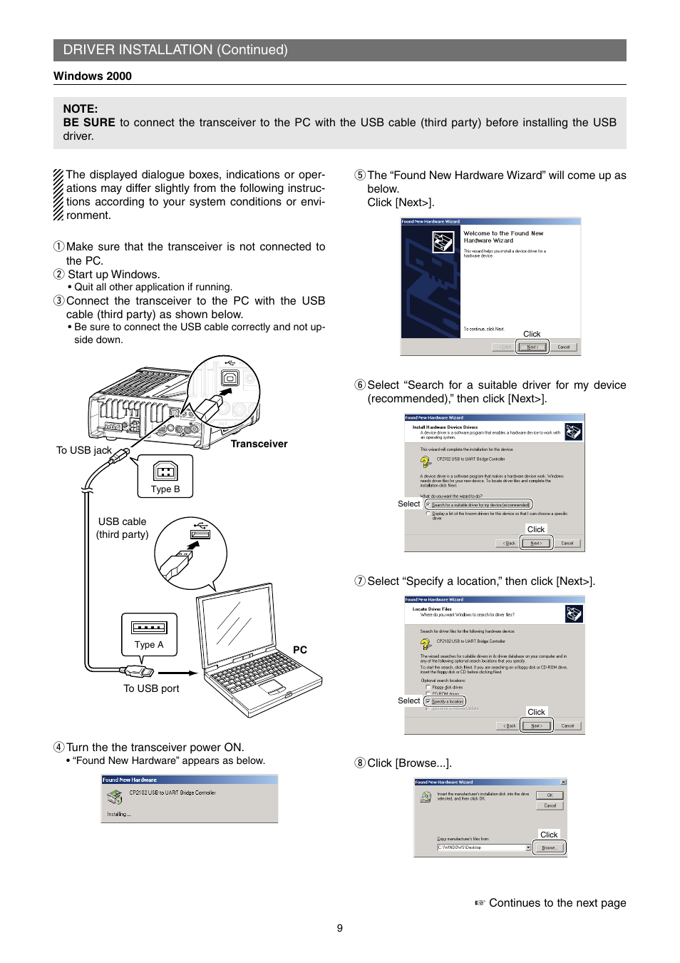 Windows 2000, Driver installation (continued) | Icom IC-7200 User Manual | Page 9 / 19