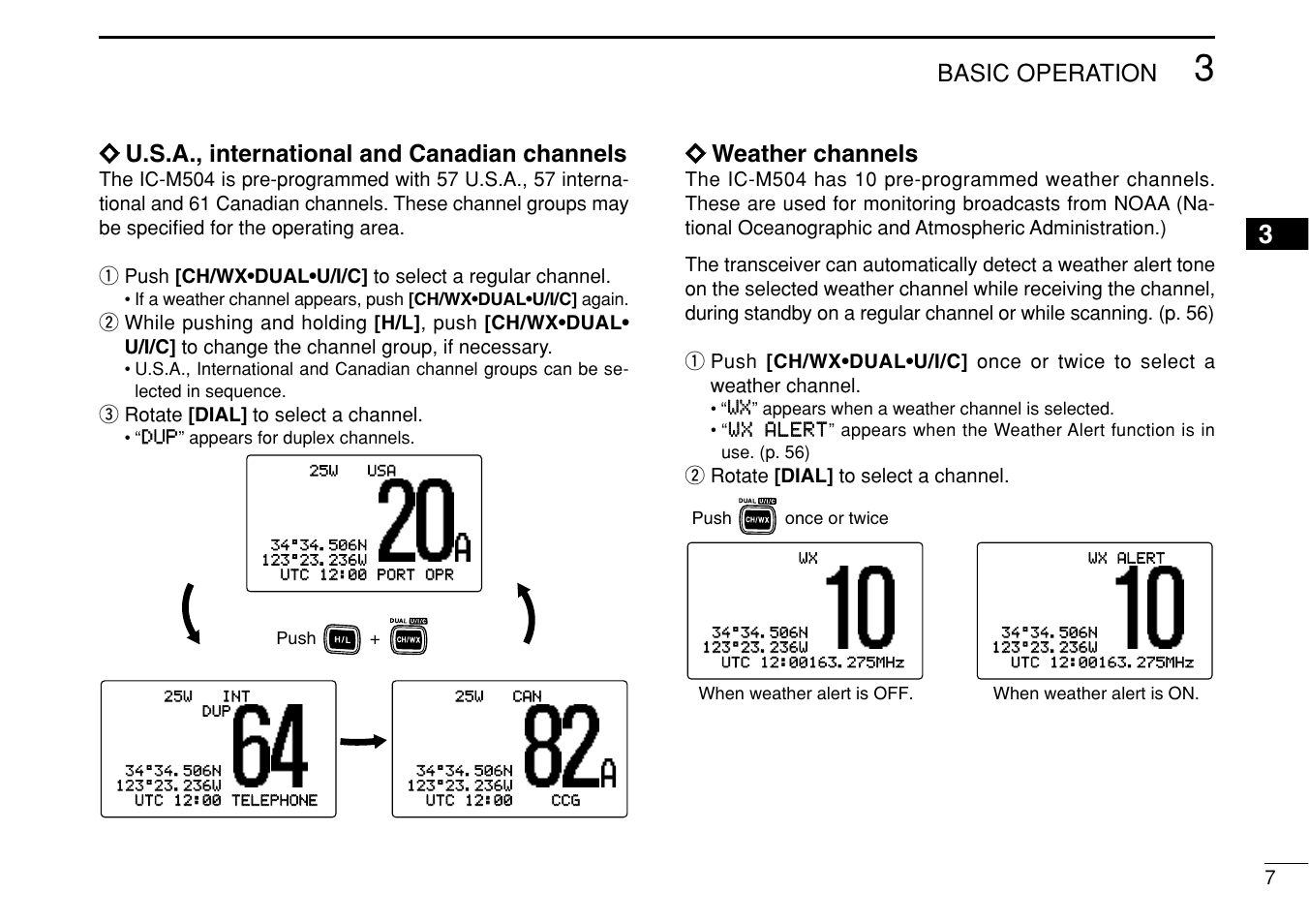 Basic operation, Пп u.s.a., international and canadian channels, Пп weather channels | Icom IC-M504 User Manual | Page 13 / 80