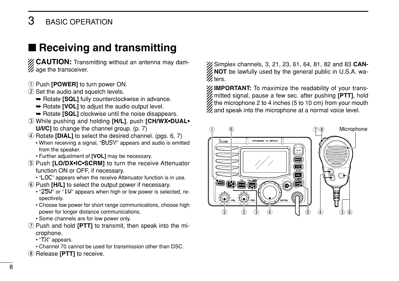 Receiving and transmitting, Basic operation, Caution | Icom IC-M504 User Manual | Page 14 / 80