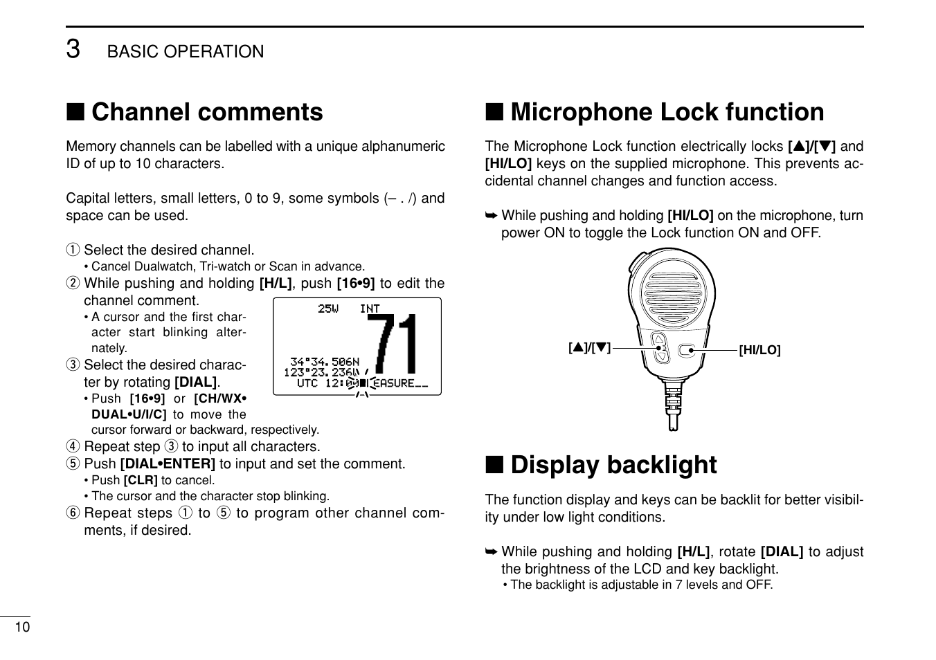 Channel comments, Microphone lock function, Display backlight | Basic operation | Icom IC-M504 User Manual | Page 16 / 80