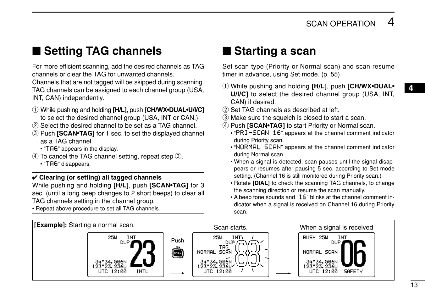 Setting tag channels, Starting a scan, Scan operation | Icom IC-M504 User Manual | Page 19 / 80