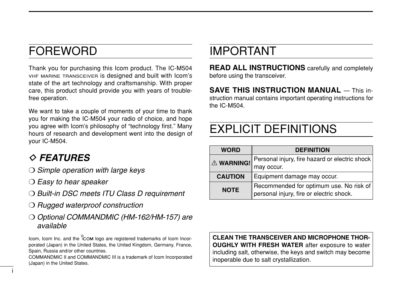 Foreword, Important, Explicit definitions | D features | Icom IC-M504 User Manual | Page 2 / 80