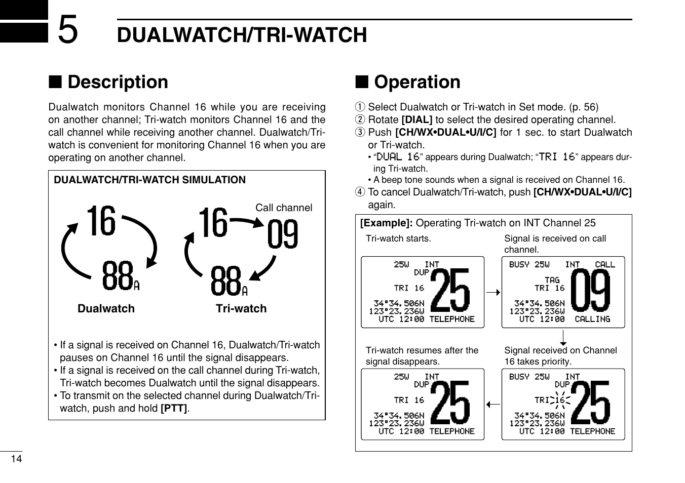 Dualwatch/tri-watch, Description, Operation | Dualwatch tri-watch | Icom IC-M504 User Manual | Page 20 / 80