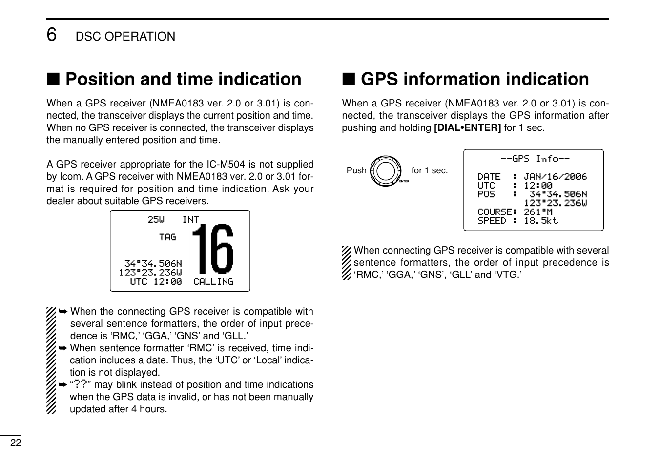 Position and time indication, Gps information indication, Dsc operation | Icom IC-M504 User Manual | Page 28 / 80