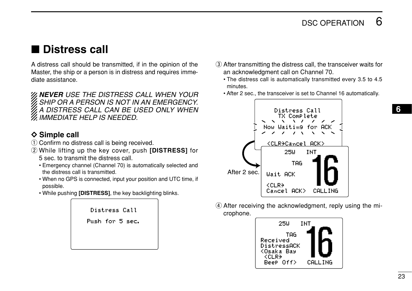 Distress call, Dsc operation, Dd simple call | Icom IC-M504 User Manual | Page 29 / 80
