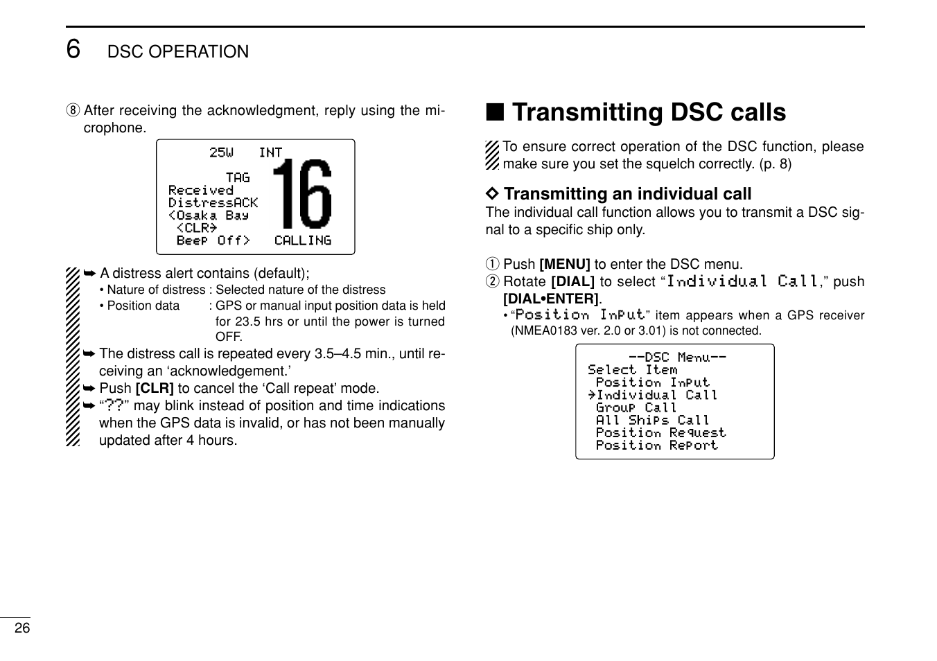Transmitting dsc calls, Dsc operation, Dd transmitting an individual call | Icom IC-M504 User Manual | Page 32 / 80