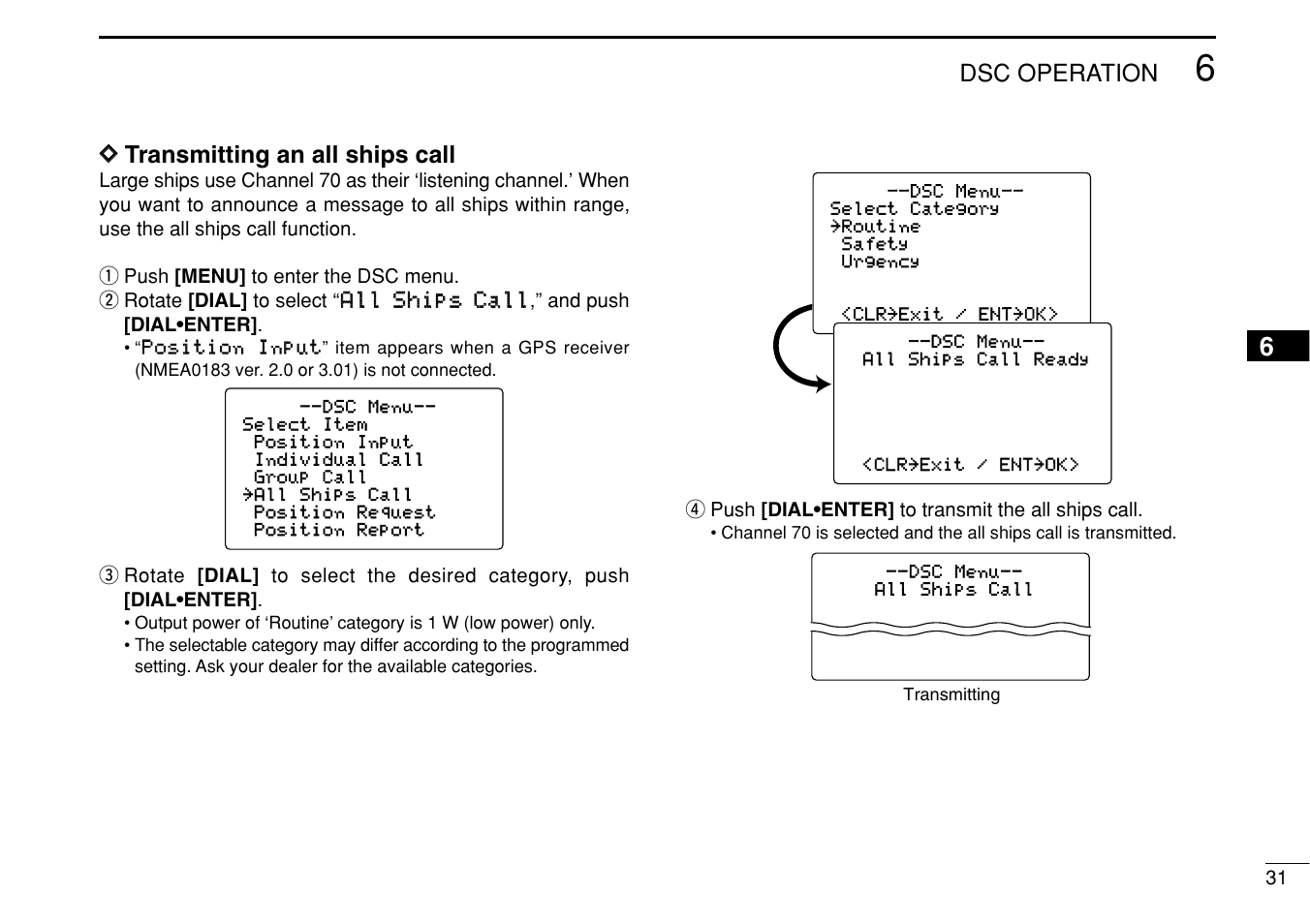 Dsc operation, Dd transmitting an all ships call | Icom IC-M504 User Manual | Page 37 / 80