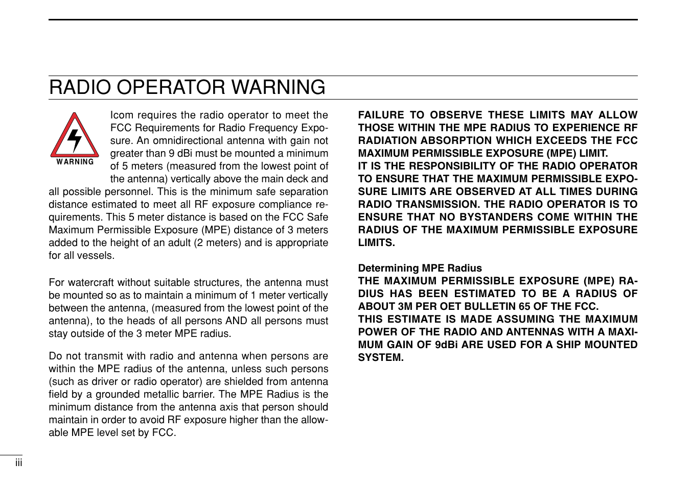 Radio operator warning | Icom IC-M504 User Manual | Page 4 / 80