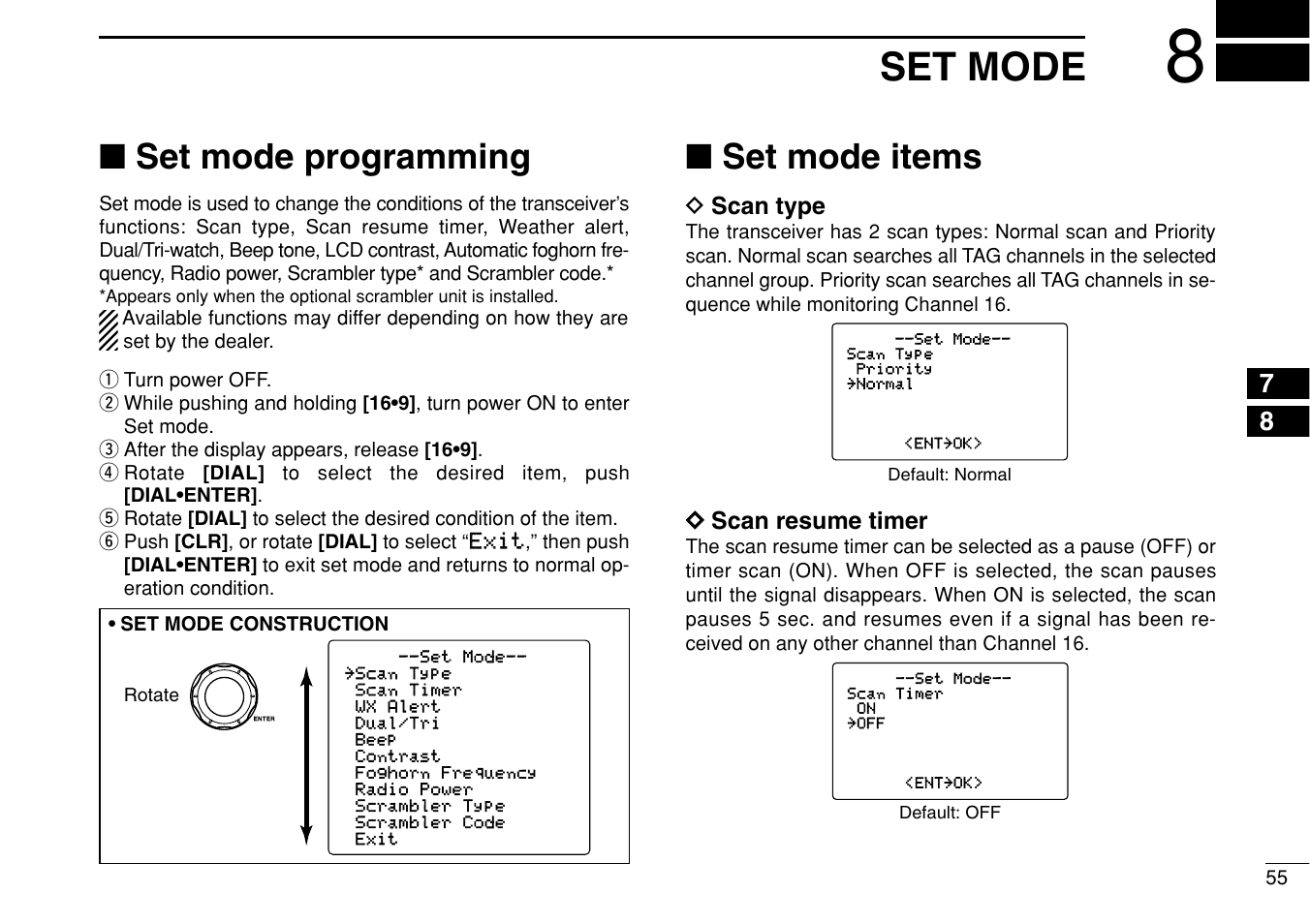 Set mode, Set mode programming, Set mode items | Icom IC-M504 User Manual | Page 61 / 80