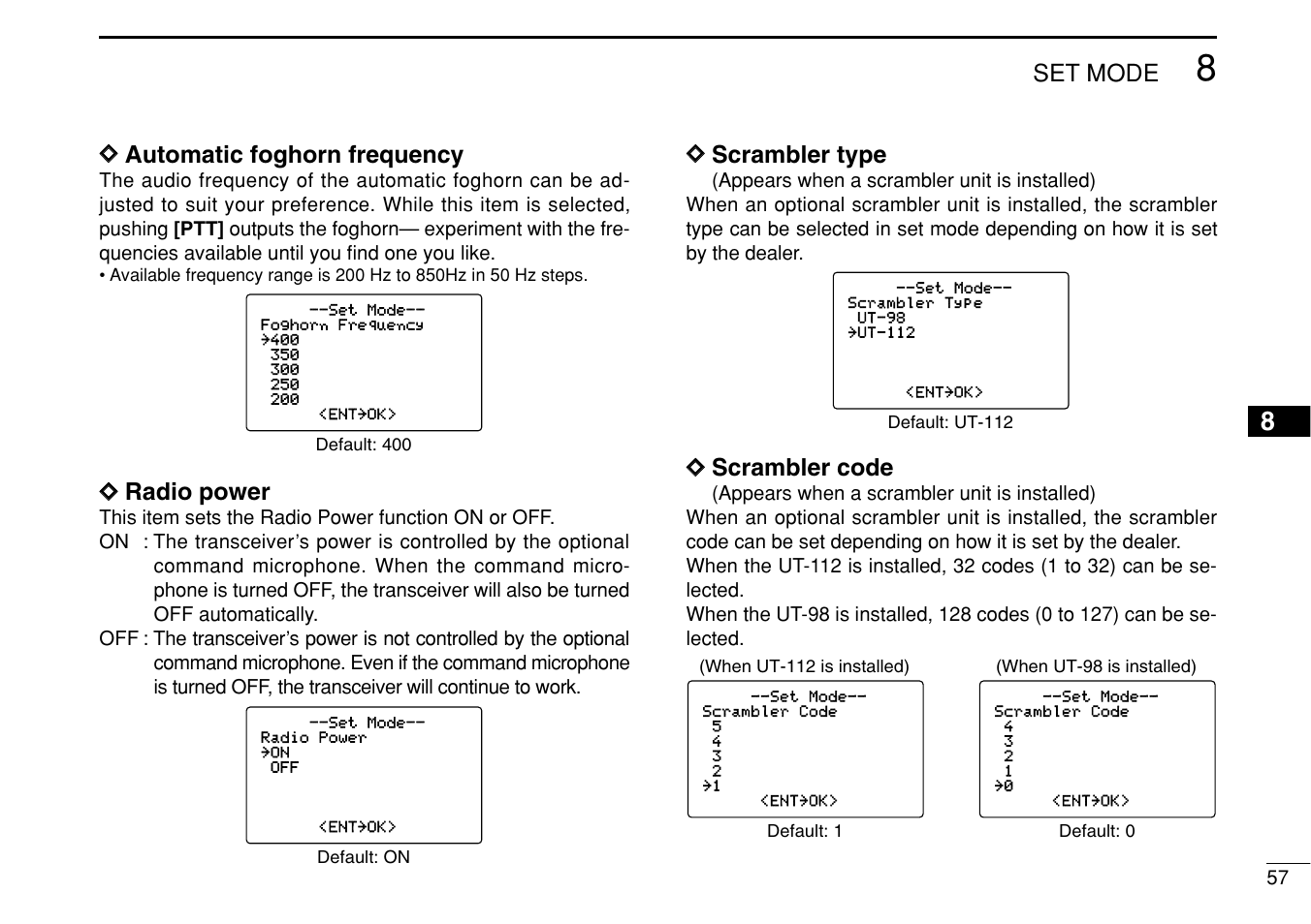 Set mode, Dd automatic foghorn frequency, Dd radio power | Dd scrambler type, Dd scrambler code | Icom IC-M504 User Manual | Page 63 / 80