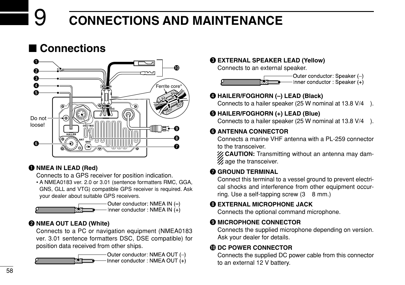 Connections and maintenance, Connections | Icom IC-M504 User Manual | Page 64 / 80