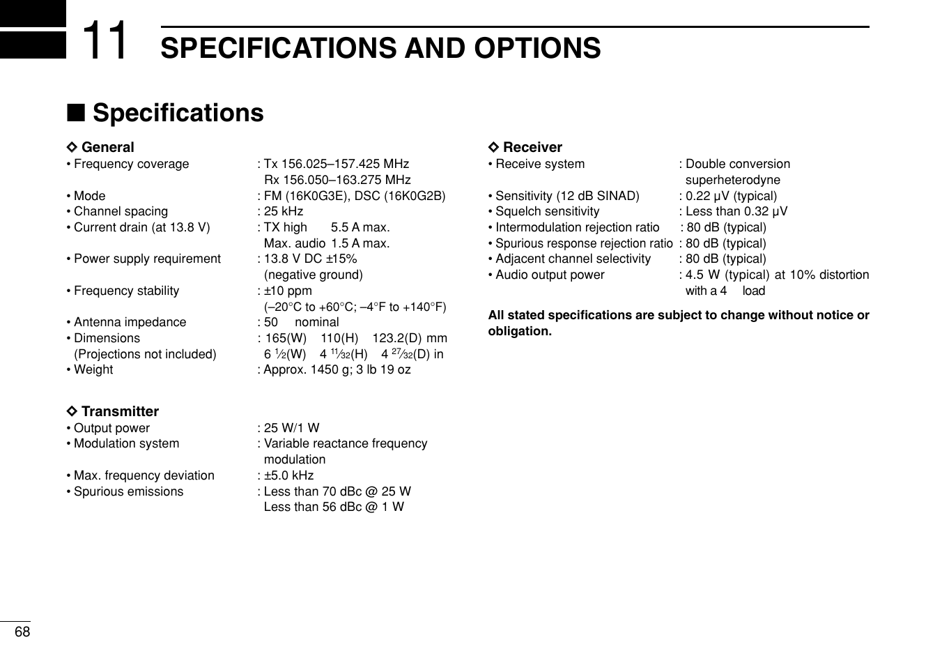 Specifications and options, Specifications | Icom IC-M504 User Manual | Page 74 / 80