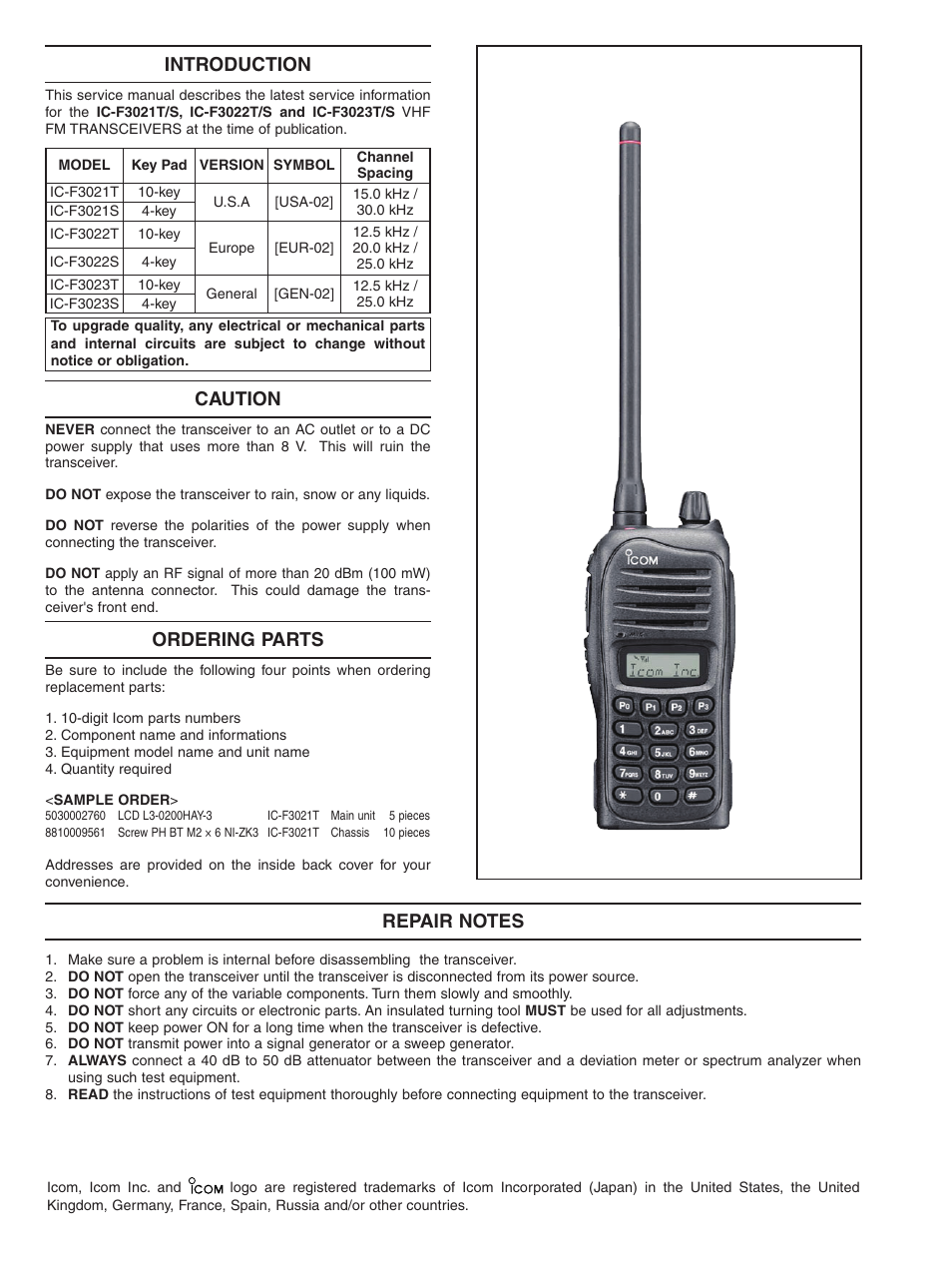 Introduction, Introduction caution ordering parts | Icom IC-F3021S User Manual | Page 2 / 36