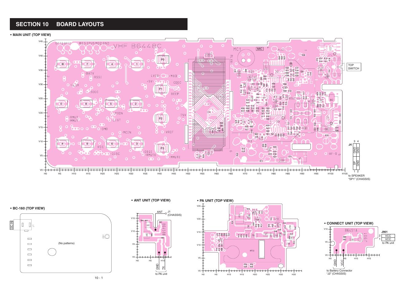 Board layouts, Main unit, Ant unit | Pa unit, Connect unit, Bc-160, Main unit (top view) | Icom IC-F3021S User Manual | Page 29 / 36