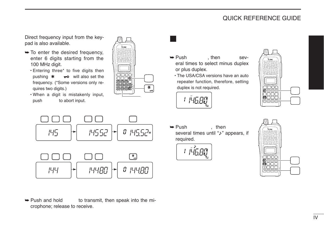 Repeater operation, Quick reference guide, Transmit and receive | Setting duplex, Repeater tone | Icom IC-U82 User Manual | Page 11 / 96