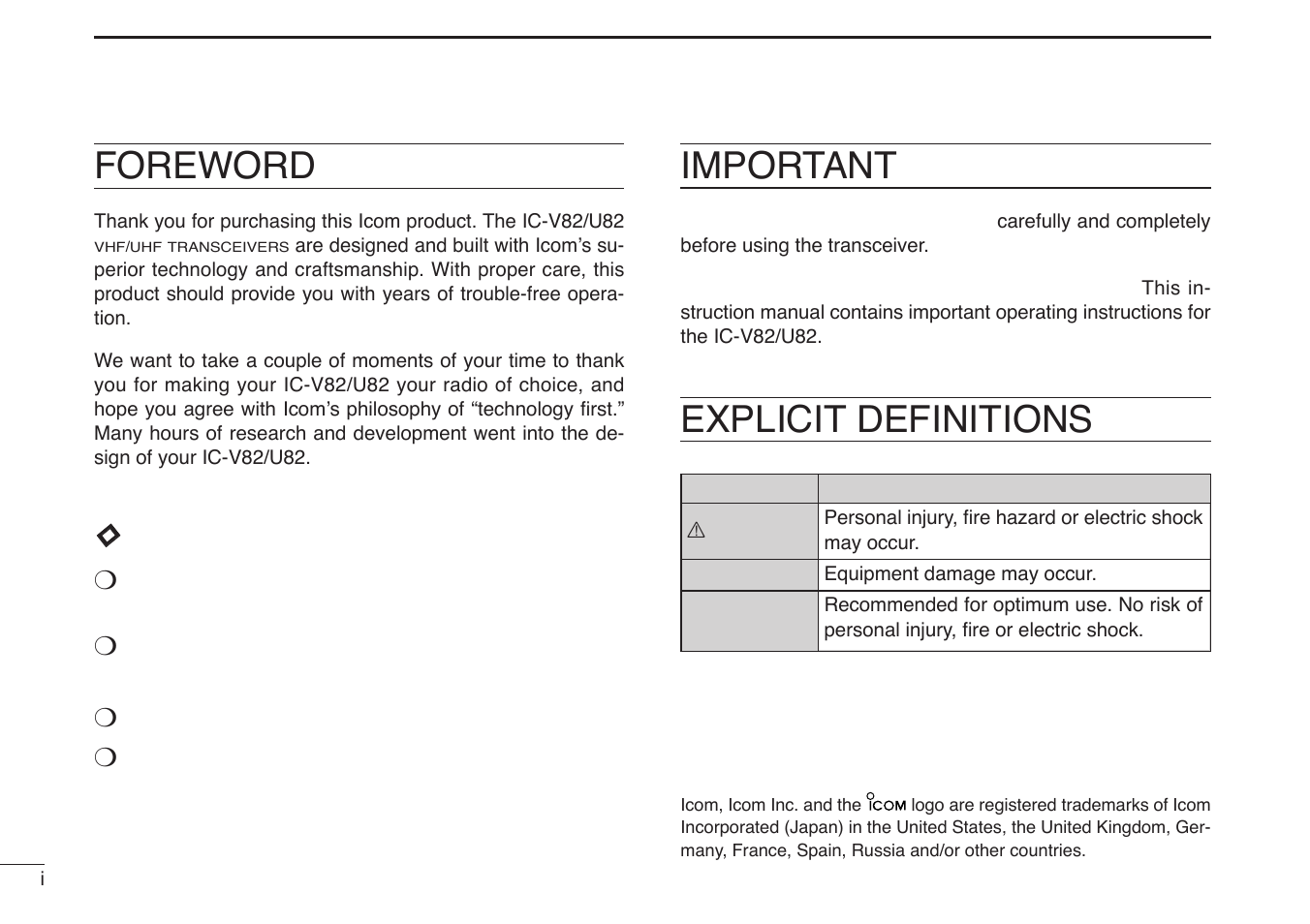 Foreword, Important, Explicit definitions | Dfeatures | Icom IC-U82 User Manual | Page 2 / 96