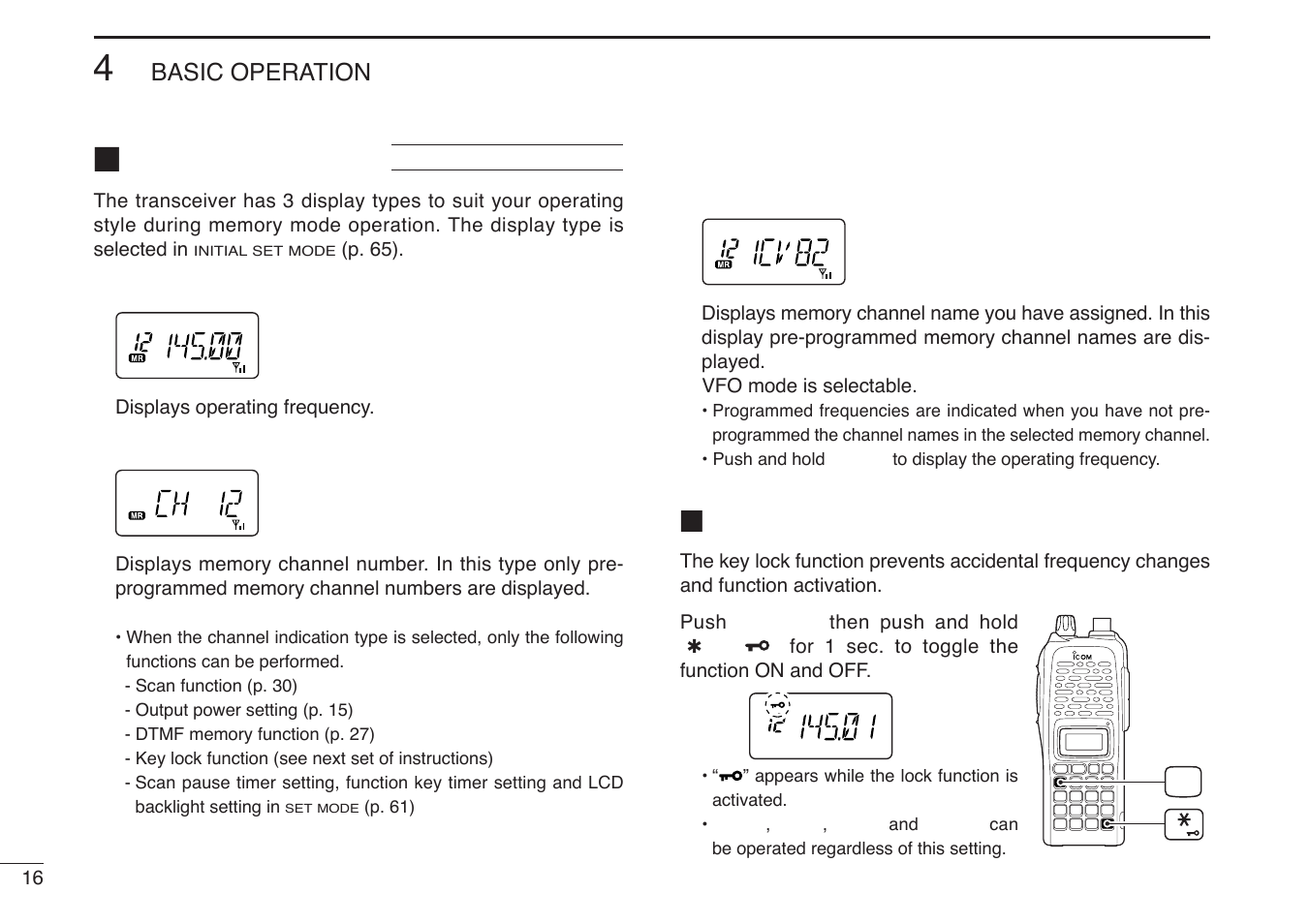 Display type, Key lock function, Basic operation | Icom IC-U82 User Manual | Page 28 / 96