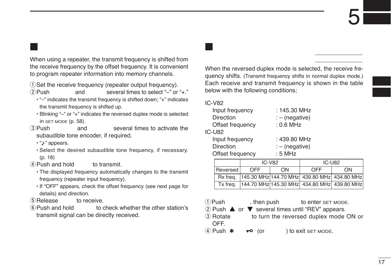 Repeater operation, General, Reversed duplex mode | Icom IC-U82 User Manual | Page 29 / 96